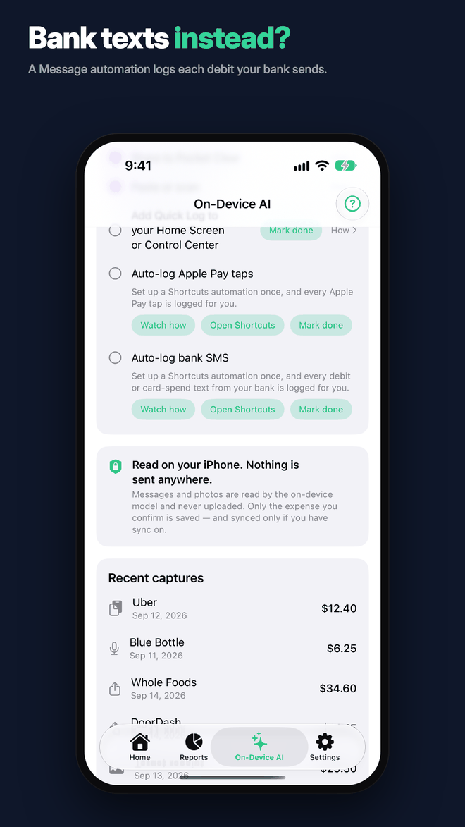 The same checklist scrolled to Auto-log bank SMS, below Auto-log Apple Pay taps.