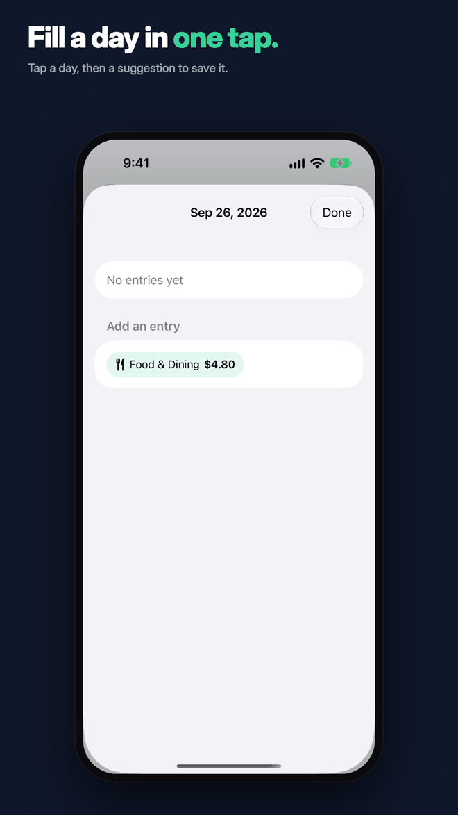A day sheet for Sep 26, 2026 with a one-tap suggestion: Food & Dining $4.80.