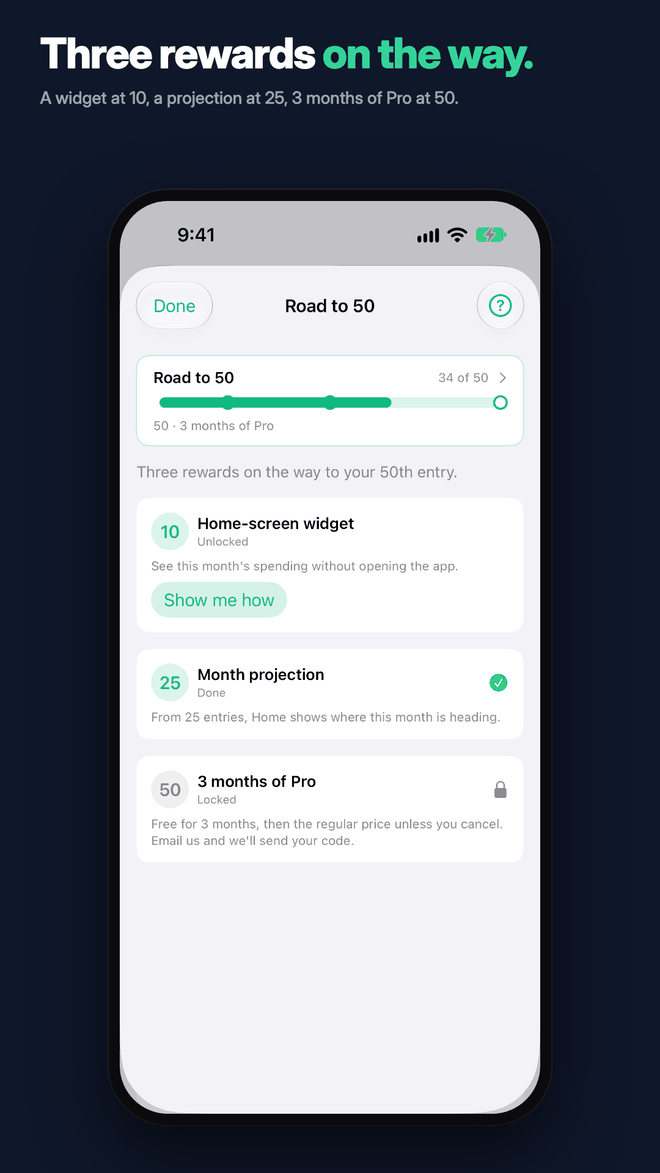 The Road to 50 detail screen listing the home-screen widget at 10, month projection at 25 and 3 months of Pro at 50.